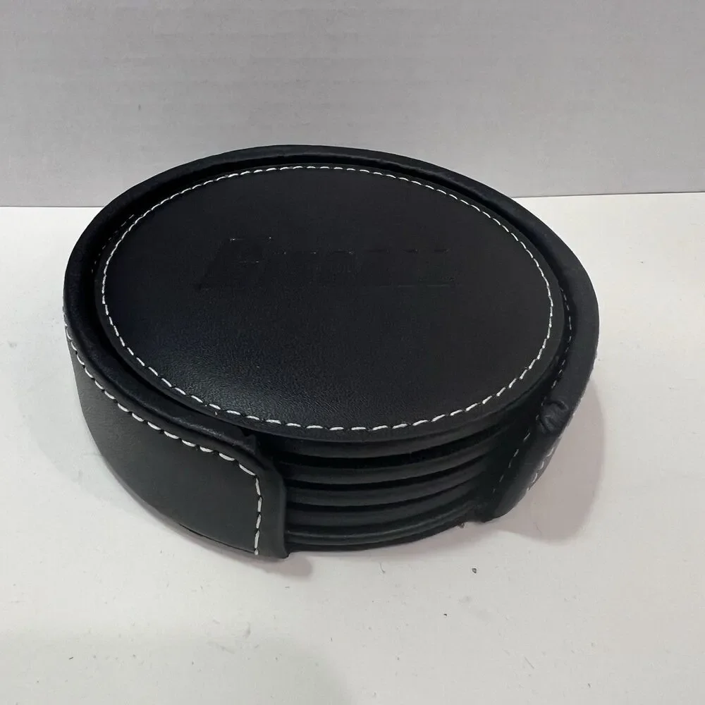 Bonded Black Leather 4 Coaster Set With Holder Embossed HisCall White Stitching